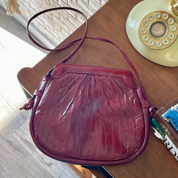 Vintage Handbags - Vintage 1980s Burgundy Red Eel Leather Crossbody Bag